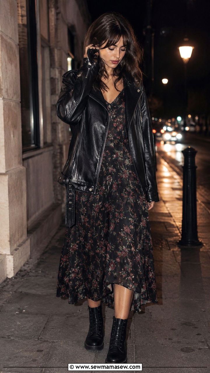 Dark Floral Midi Dress With A Leather Jacket And Combat Boots - 20 Frat party outfit ideas alternative