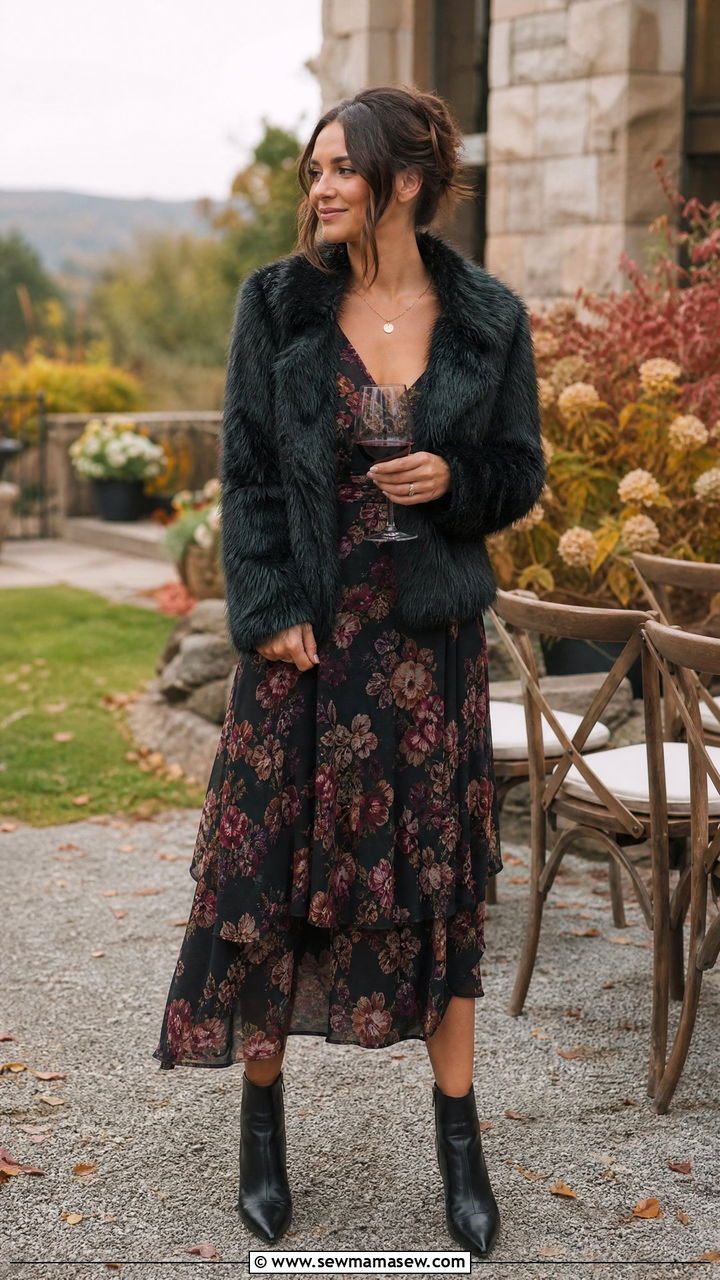 Dark Floral Midi Dress With Ankle Boots - 30 Festive attire wedding guest outfit ideas