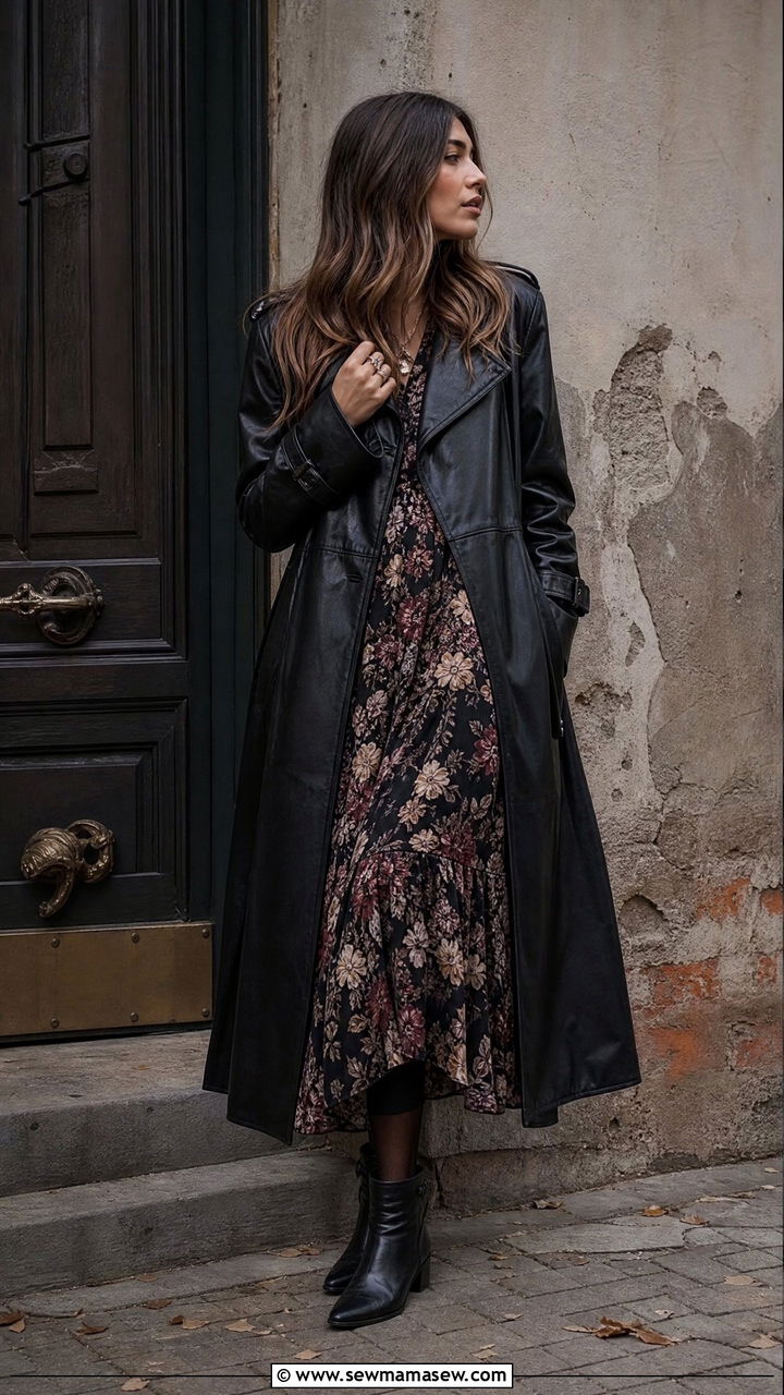 Dark Floral Midi Dress With Black Leather Trench Coat - 30 Dark romance outfit ideas