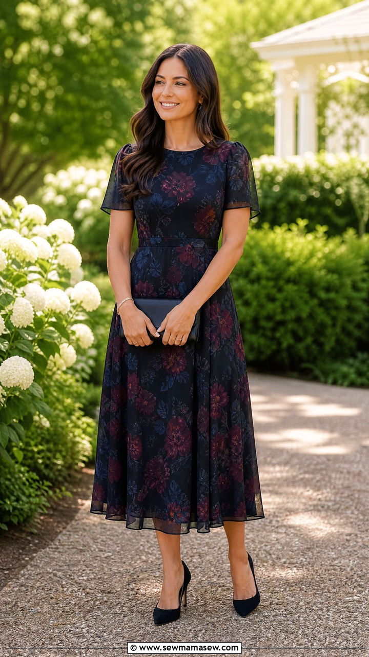 Dark Floral Midi Dress With Closed Toe Pumps - 25 Funeral outfits for summer