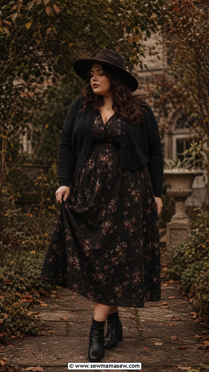 Dark Floral Midi Dress With Cropped Cardigan And Block Heel Ankle Boots - 20 Dark academia outfits for curvy women