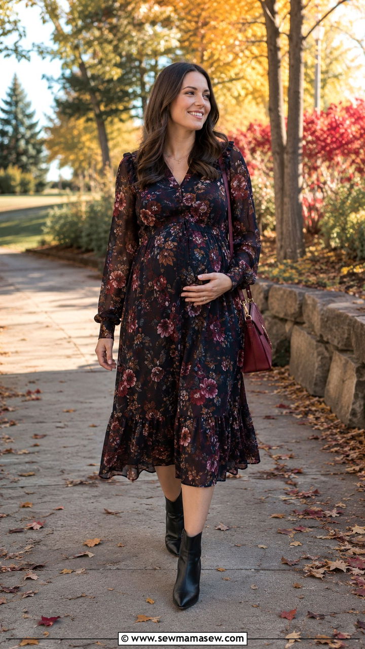 Dark Floral Midi Dress With Heeled Ankle Boots - 25 seasonal baby shower outfit ideas