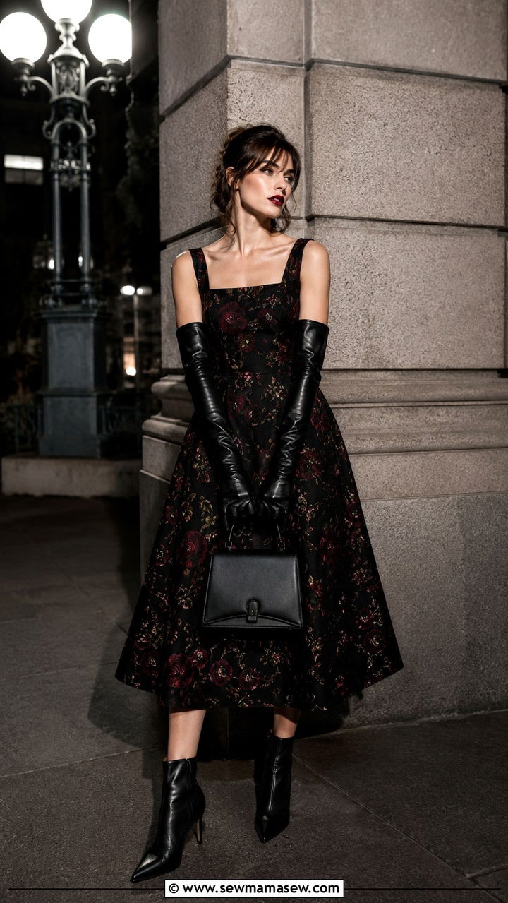 Dark Floral Midi Dress With Leather Gloves - 25 Opera aesthetic outfit ideas