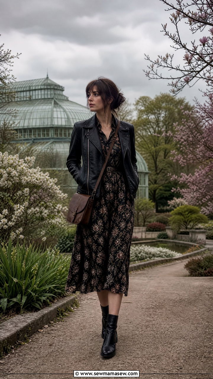 Dark Floral Midi Dress With Leather Jacket Outfit - 30 Dark academia spring outfits