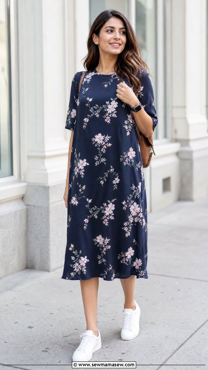 Dark Floral Midi Dress With White Sneakers - 25 Maternity outfit ideas hiding bump