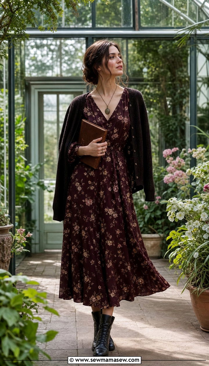 Dark Floral Midi Dress and Ankle Boots - 25 spring dark academia outfits