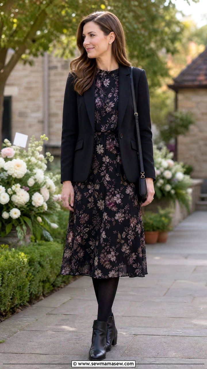 Dark Floral Midi Dress for Memorial - 30 Memorial service outfit ideas