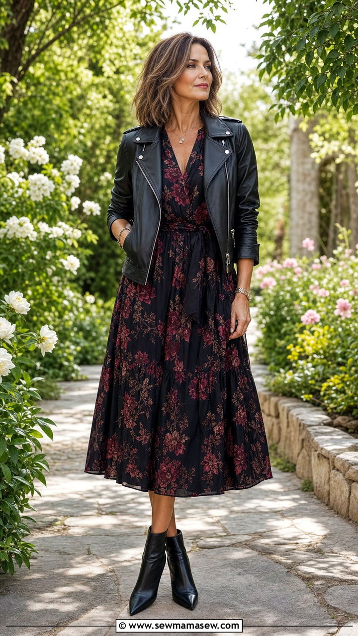 Dark Floral Midi Dress with Ankle Boots - 25 edgy outfit ideas for women over 40