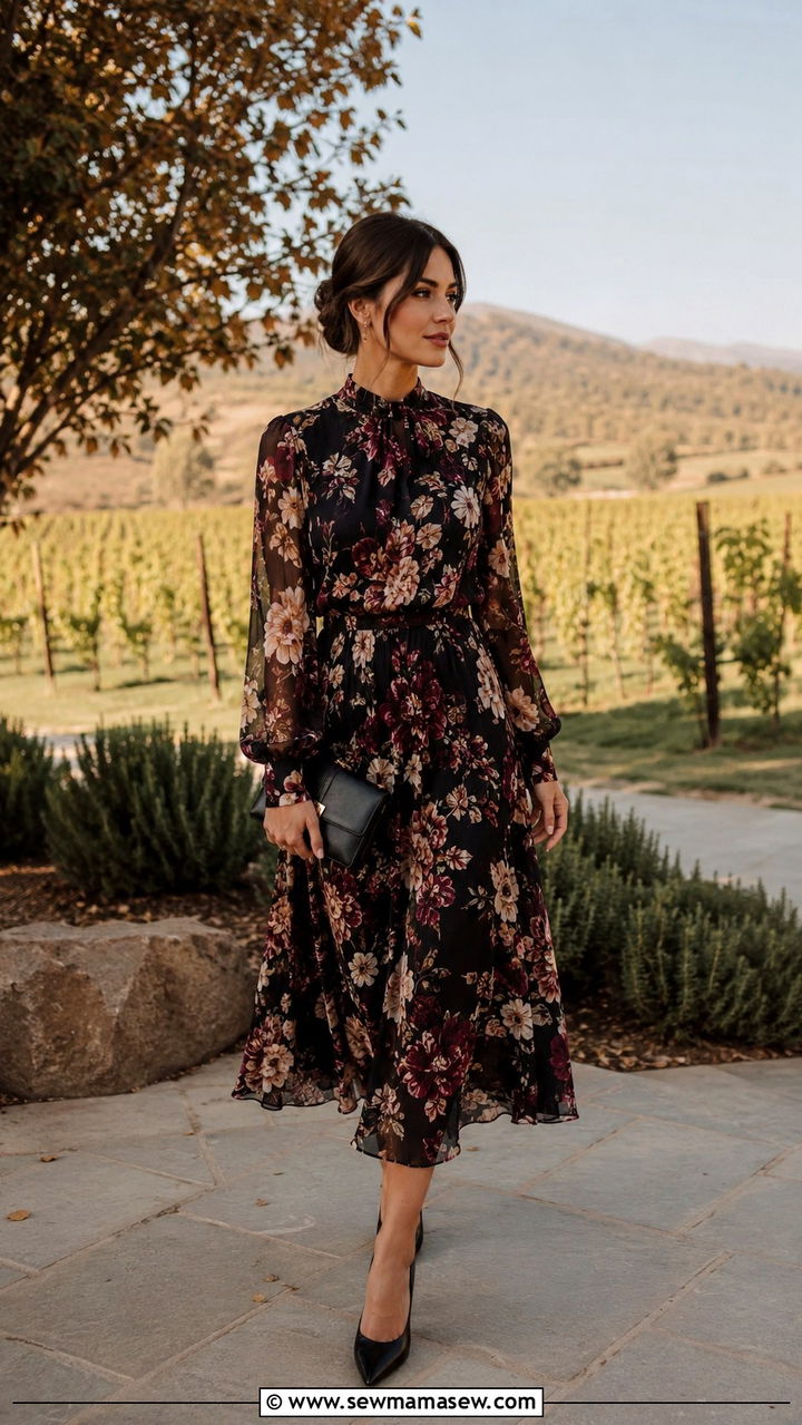 Dark Floral Print Dress With Black Accessories - 25 Wedding guest outfit ideas floral dress 2026