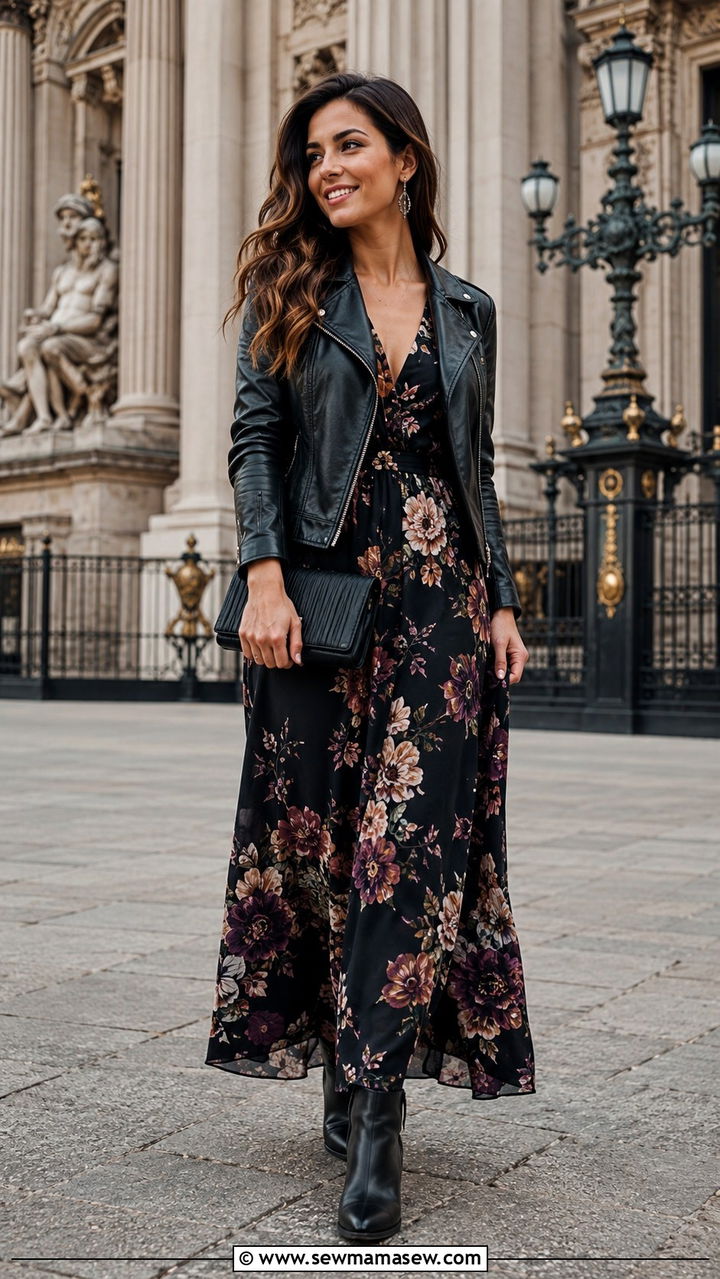 Dark Floral Print Maxi Dress With Leather Jacket - 30 Opera outfit ideas