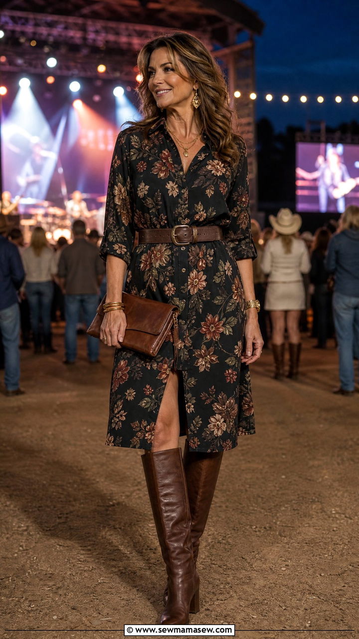 Dark Floral Shirt Dress With Knee High Boots - 30 summer concert outfits for women over 40