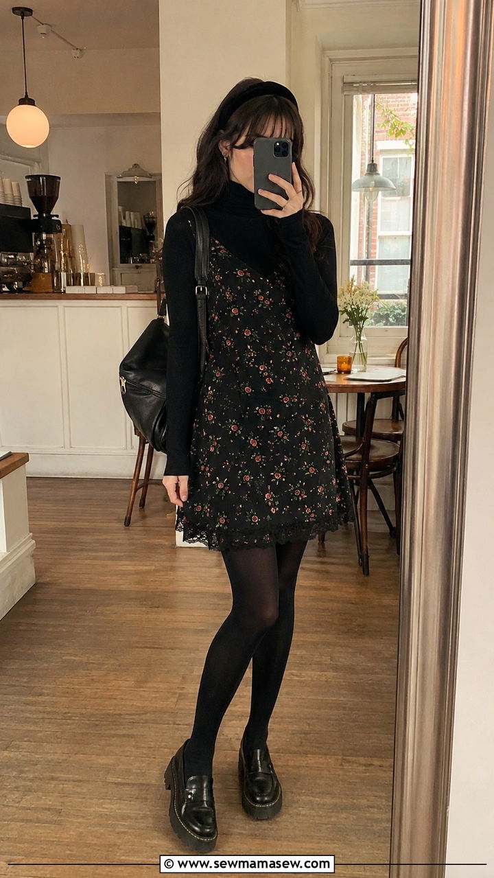 Dark Floral Slip Dress Over Turtleneck - 30 Mysterious spring outfit ideas