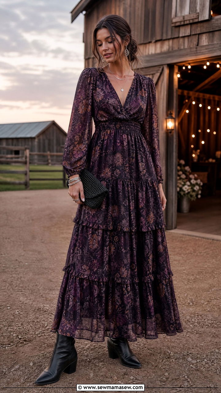 Dark Floral Tiered Maxi Dress with Leather Boots - 25 Farm wedding guest outfit ideas