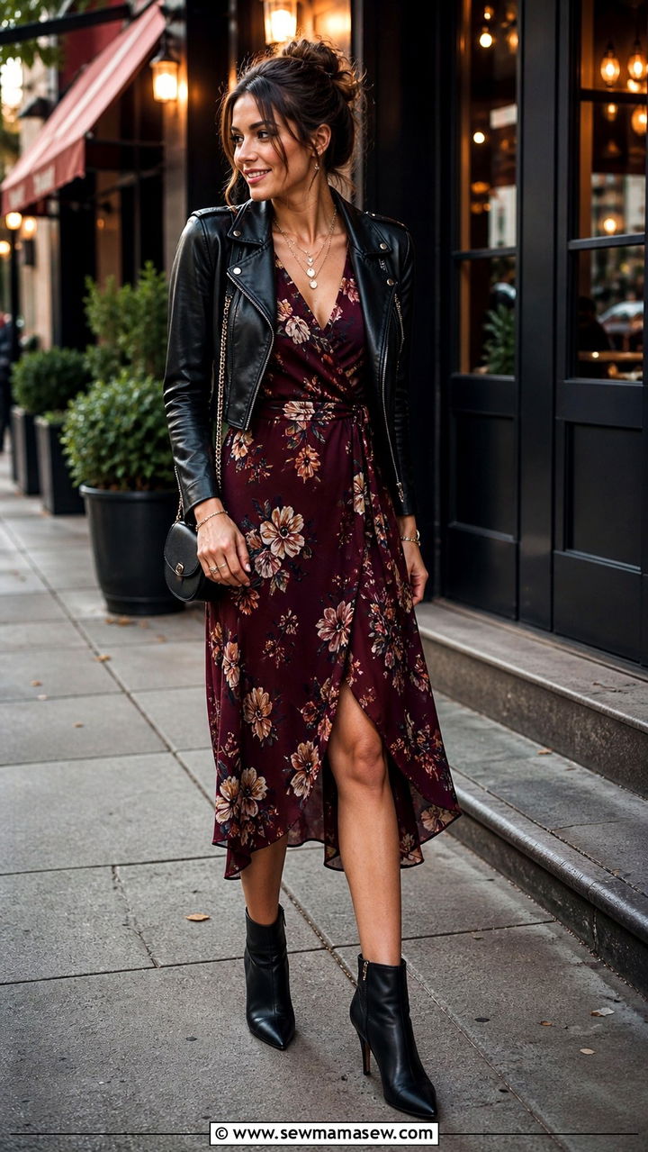 Dark Floral Wrap Dress With Heeled Ankle Boots And A Leather Jacket - 40 dinner outfits for women