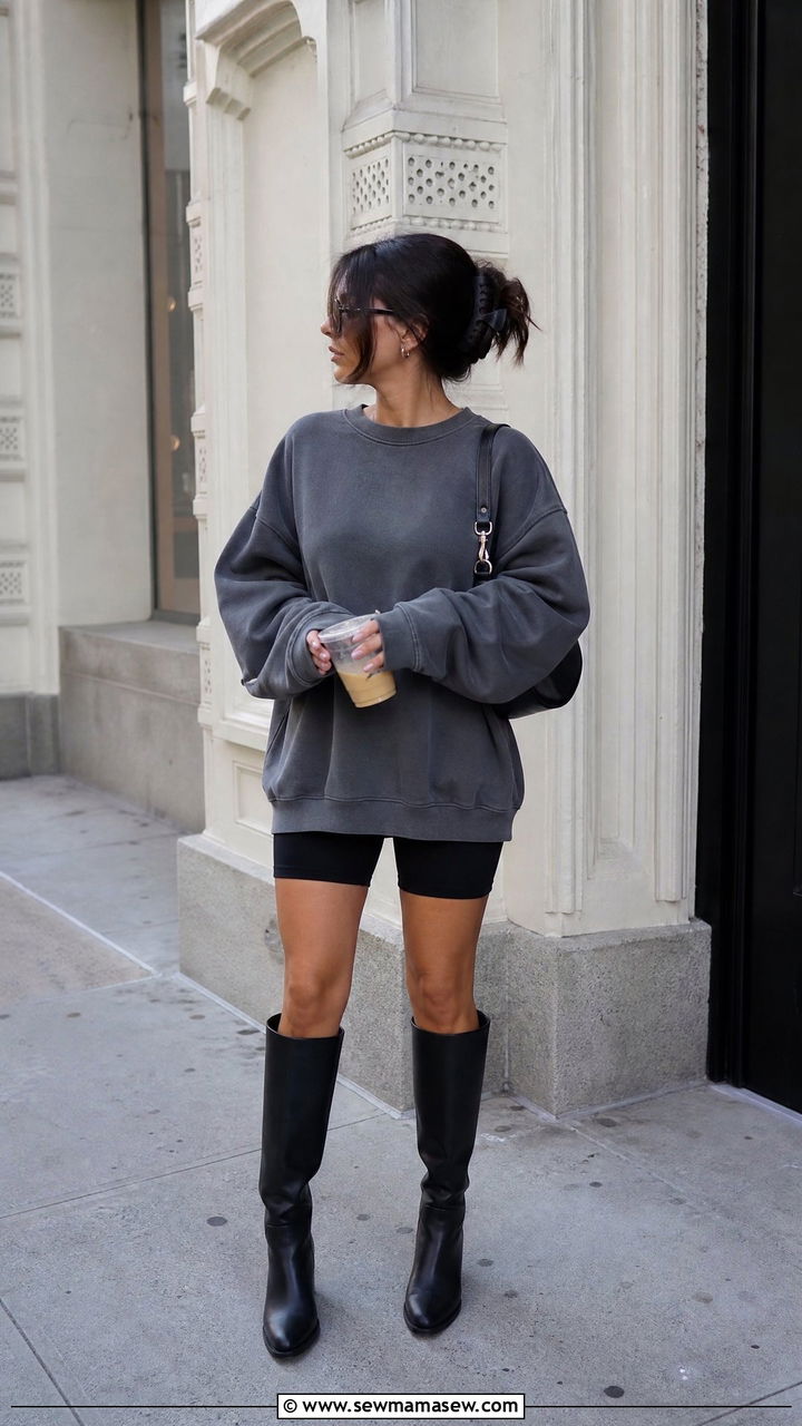 Dark Gray Oversized Sweatshirt and Biker Shorts With Knee High Boots - 25 Gray loungewear set outfit ideas