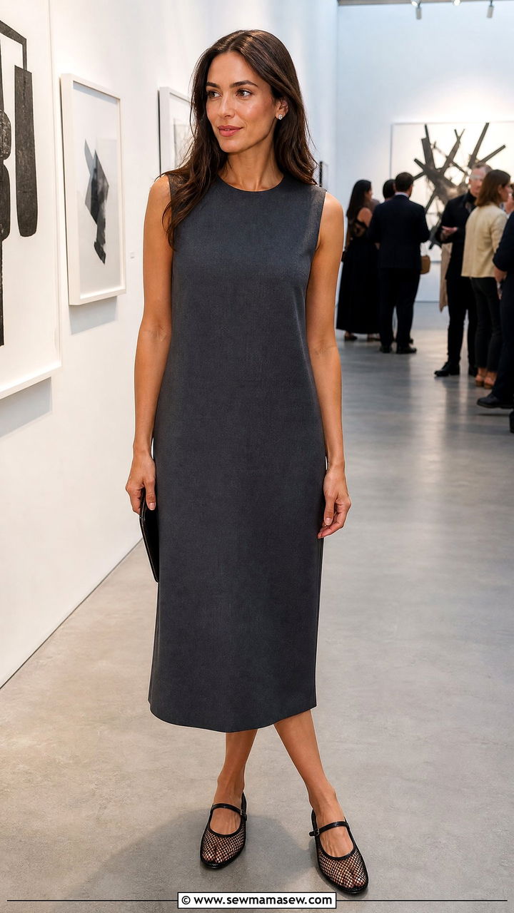 Dark Gray Sleeveless Dress With Net Flats - 25 French girl outfit ideas Lily Collins style
