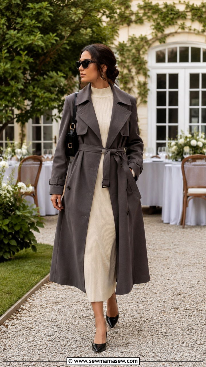 Dark Gray Trench Coat Over Cream Outfit With Kitten Heels - 25 Old money outfit ideas with kitten heels