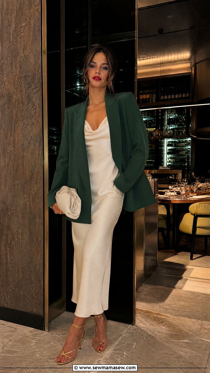 Dark Green Blazer over a Cream Slip Dress - 25 Green and cream outfit ideas