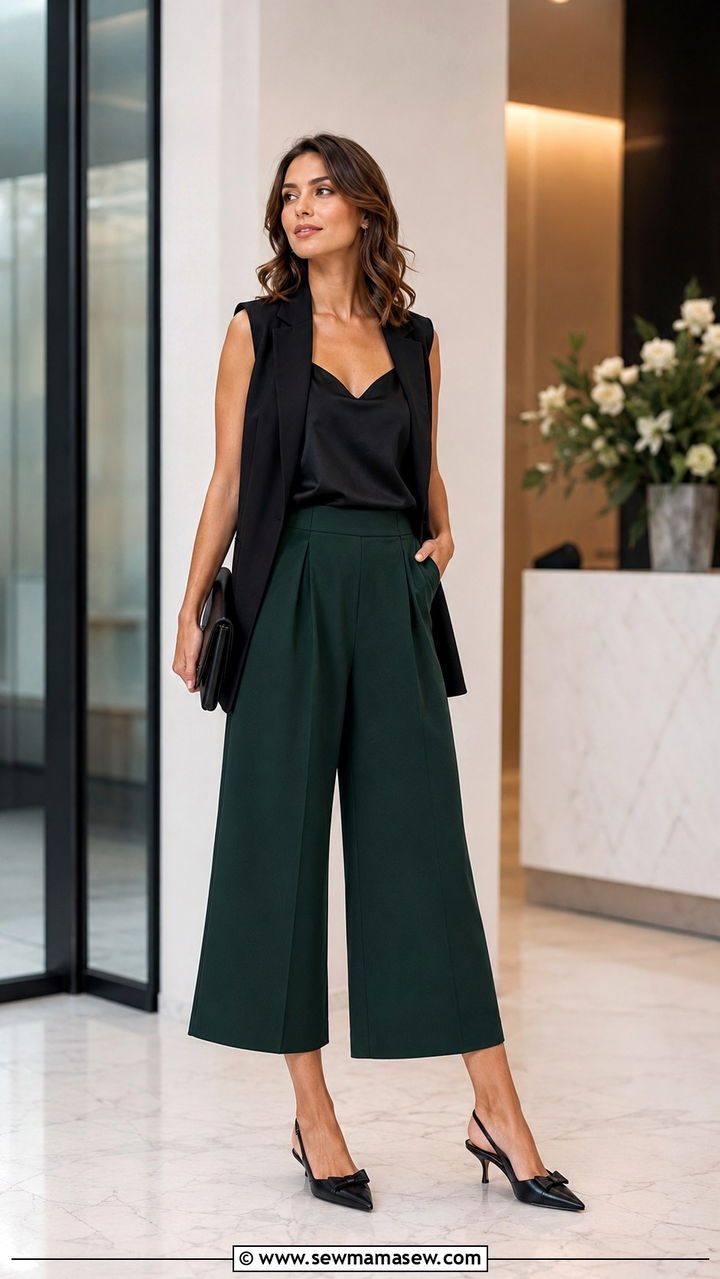Dark Green Culottes with Black Silk Cami and Longline Waistcoat - 30 Green outfit ideas for work
