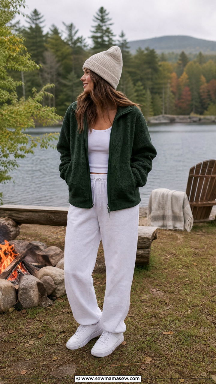 Dark Green Fleece Jacket and White Sweatpants Lake Outfit - 30 Summer lake outfits