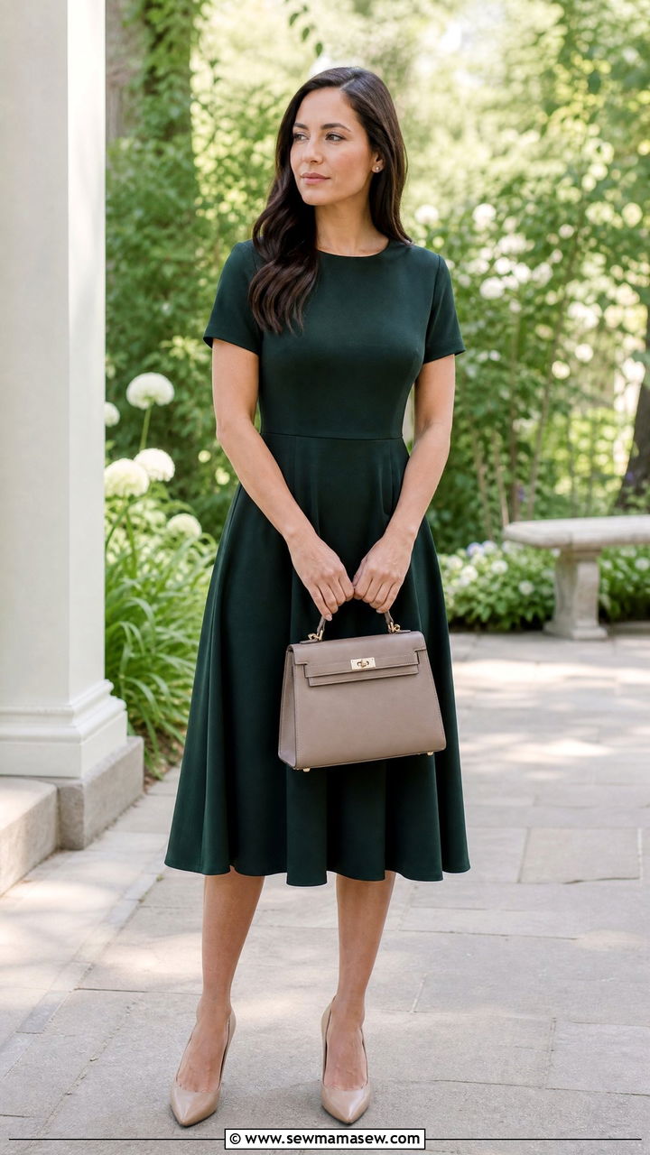 Dark Green Midi Dress With Nude Pumps - 25 Funeral outfits for summer