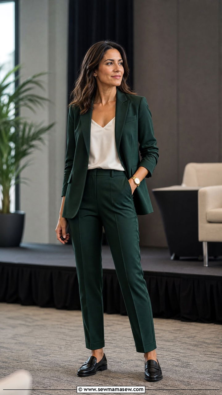 Dark Green Suit With A White Silk Shell And Loafers - 30 Marketer outfit ideas