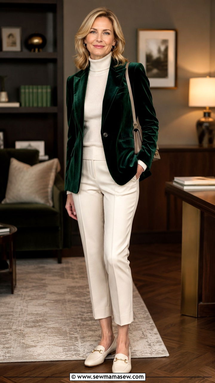 Dark Green Velvet Blazer with Cream Turtleneck and Ankle Trousers - 30 office outfits for women over 40