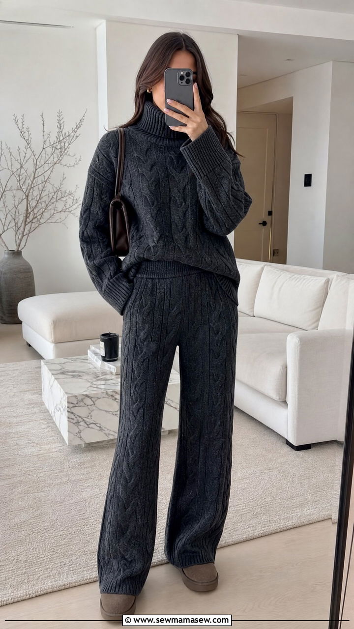 Dark Grey Cable Knit Sweater and Trousers Matching Set - 25 Matching set outfit ideas neutral