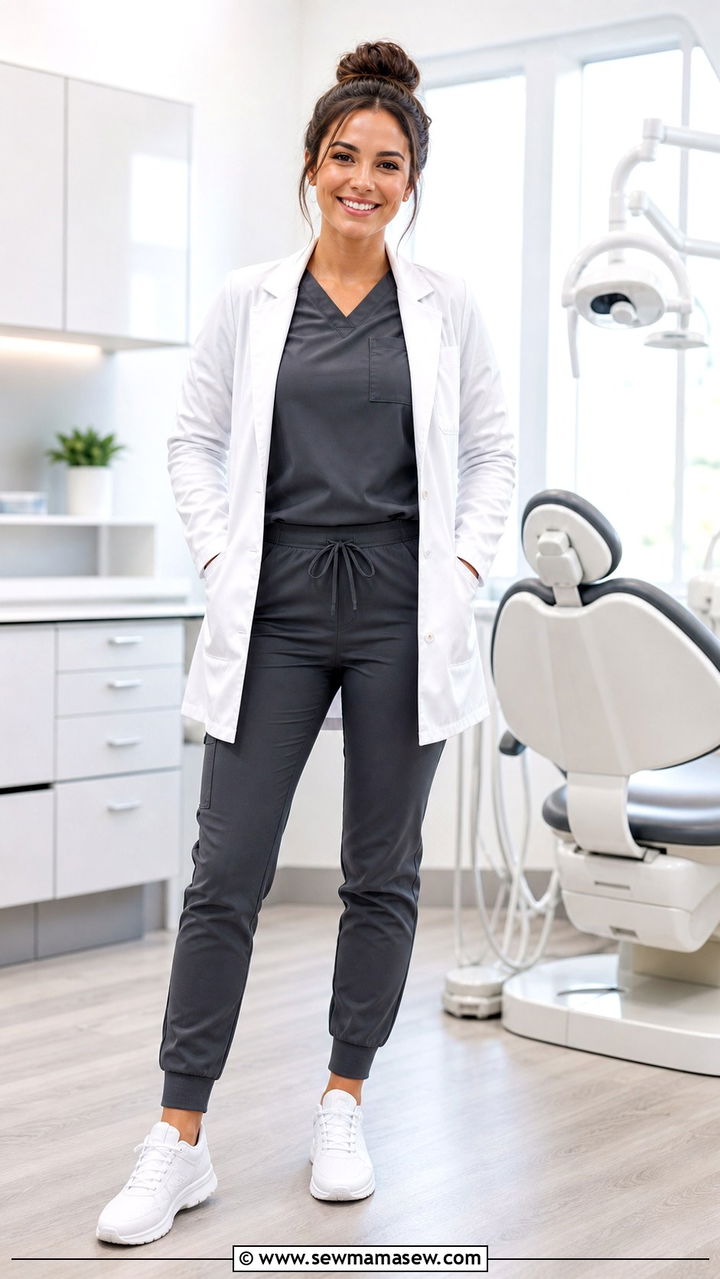 Dark Grey Scrub Set With White Sneakers - 40 Dentist outfit ideas
