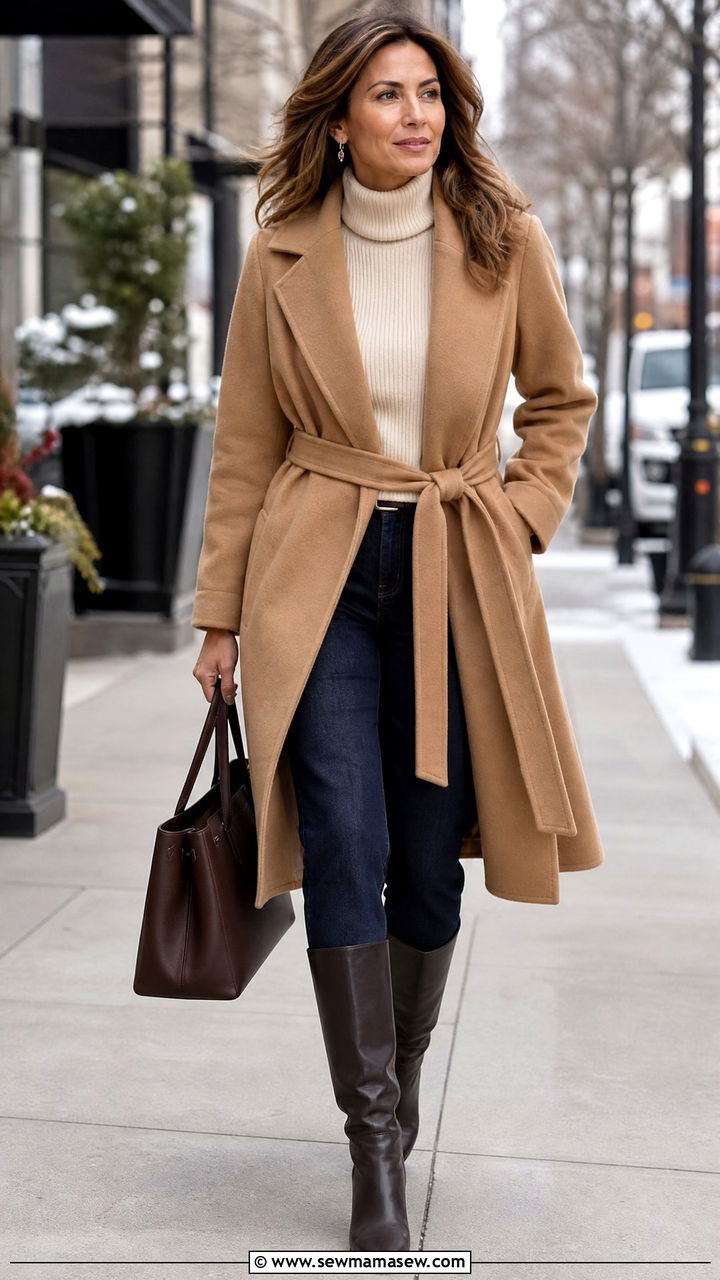 Dark Indigo Jeans With Camel Wrap Coat - 35 jeans outfits for women over 40