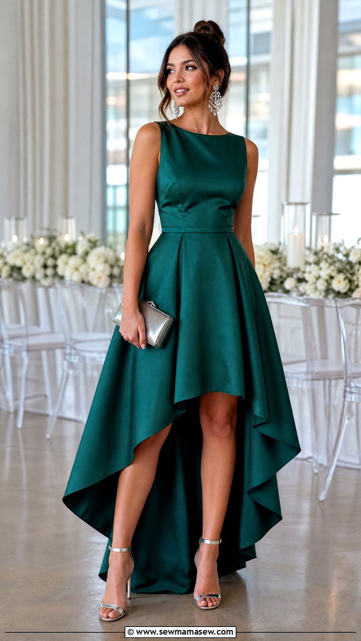 Dark Jade High Low Dress With Statement Heels - 35 Green dress outfit ideas for wedding guest