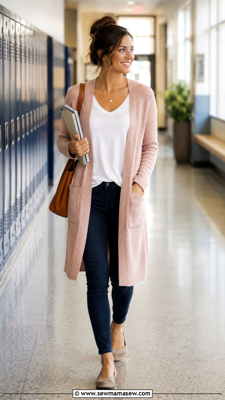 Dark Jeans With Long Cardigan And Tee - 30 Teacher outfits with jeans