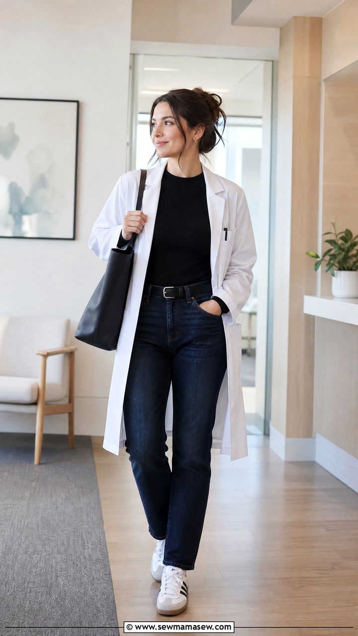 Dark Jeans With White Coat Doctor Outfit - 25 Female doctor outfit ideas