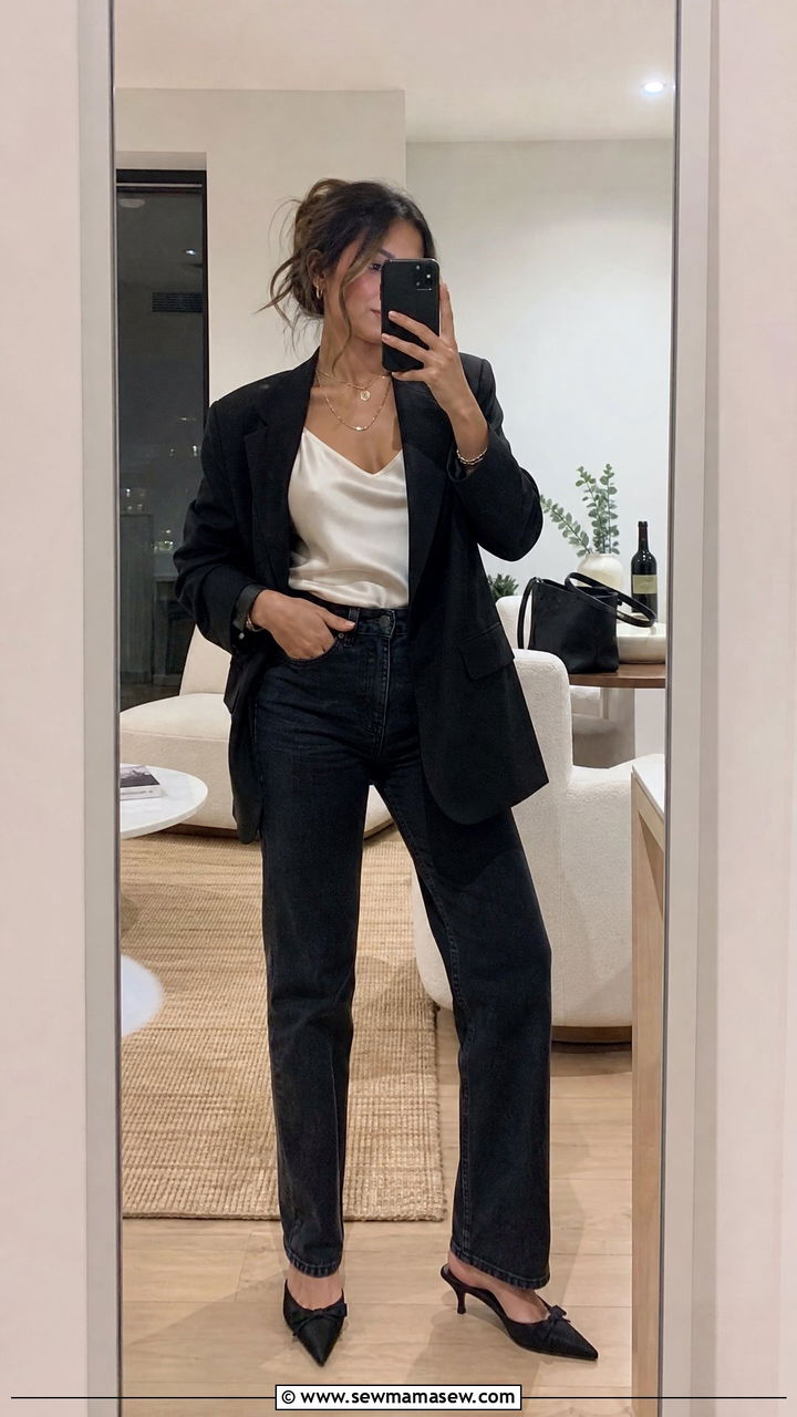 Dark Jeans and Silky Camisole with Blazer House Party - 35 House party outfit ideas