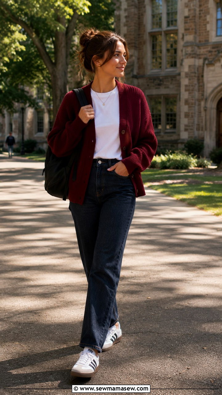 Dark Jeans with Burgundy Cardigan and Adidas Sambas - 25 Researcher outfit ideas