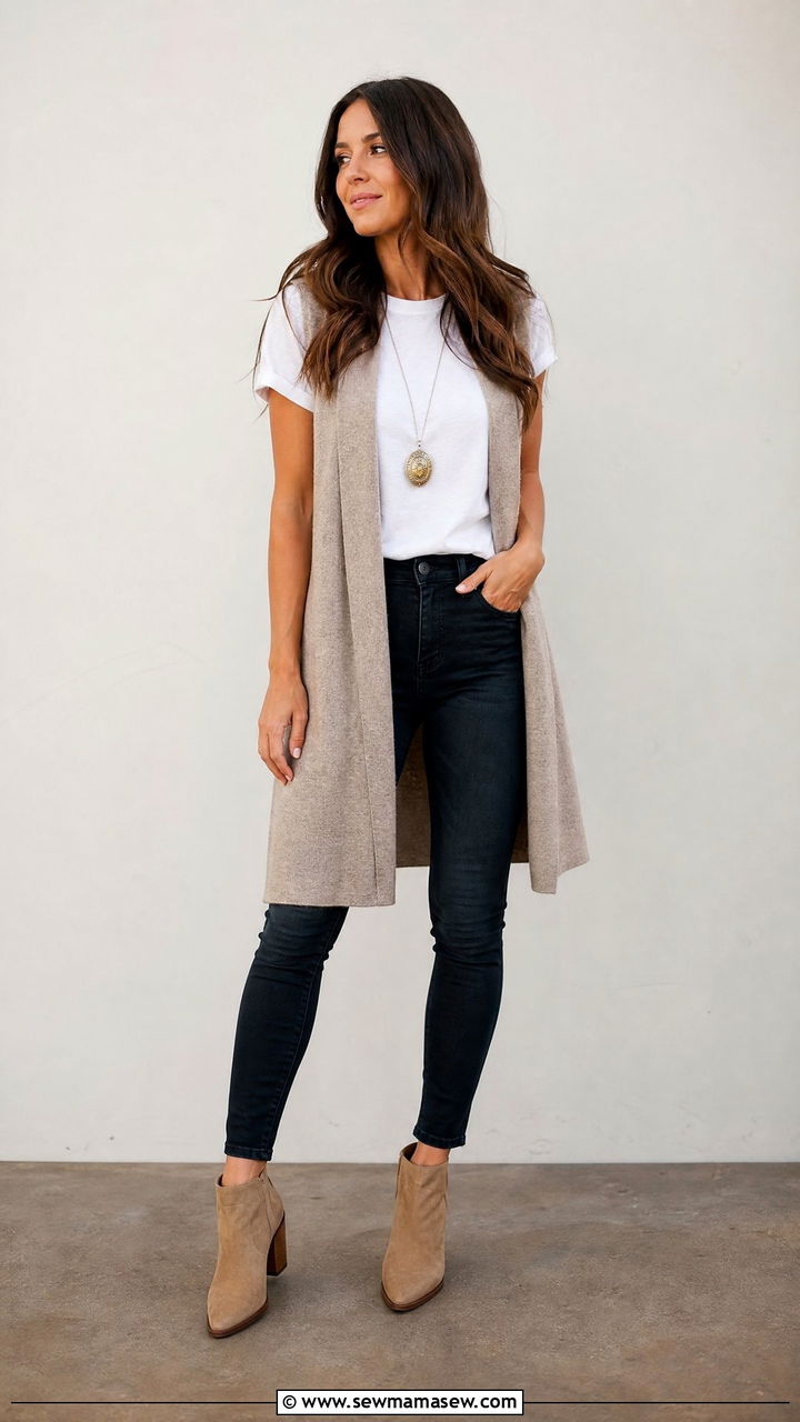 Dark Jeans with Longline Vest and Tee - 30 modest country concert outfit ideas