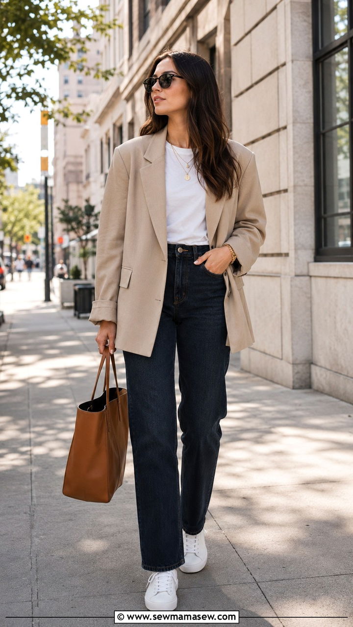 Dark Jeans with Oversized Blazer Office Look - 25 Work outfit ideas for Tuesday