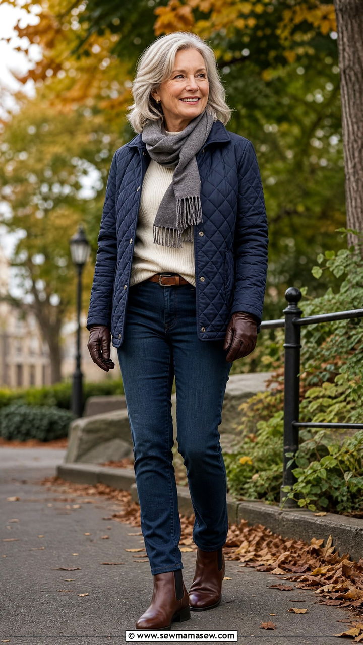 Dark Jeans with Quilted Jacket and Chelsea Boots - 35 Jeans outfit ideas for women over 60