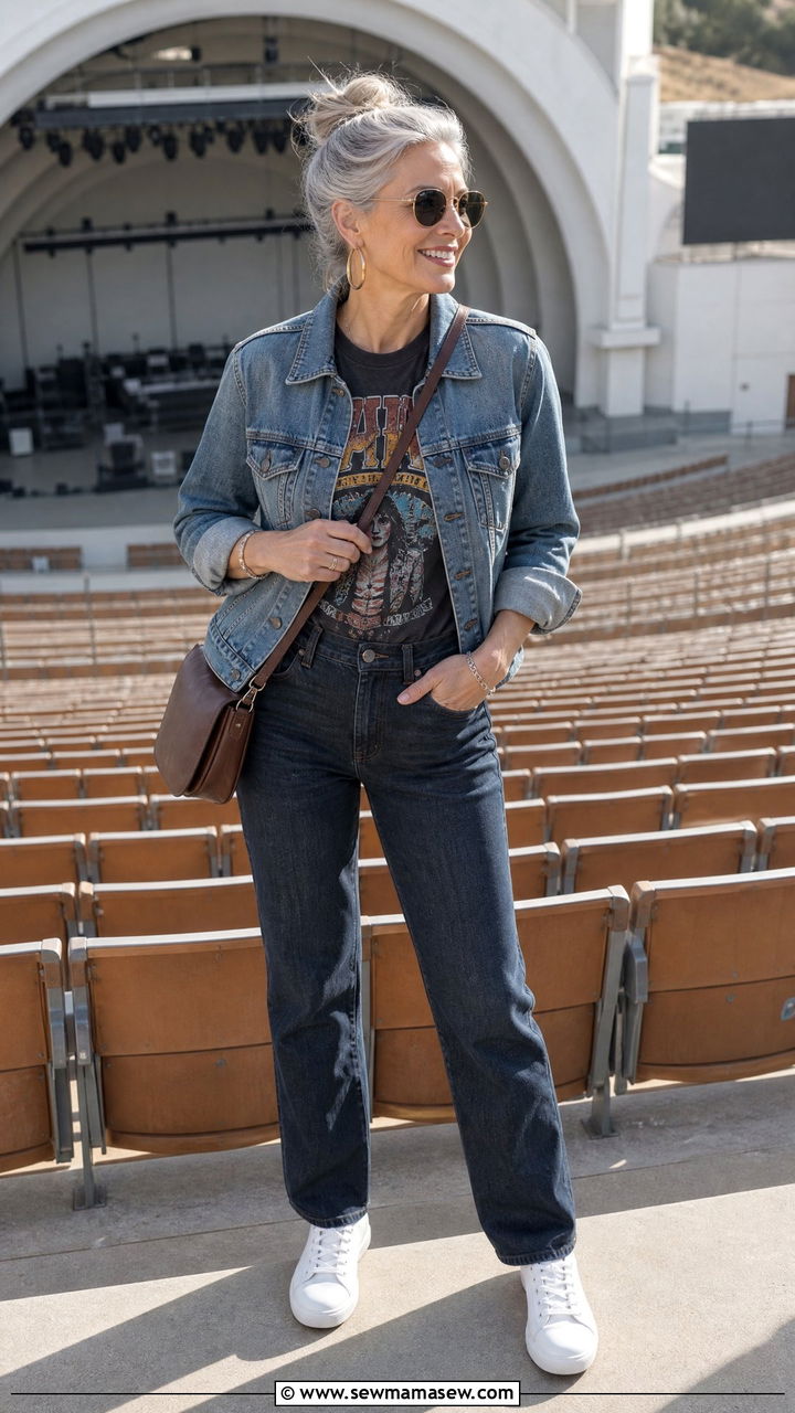 Dark Jeans with a Band Tee and Denim Jacket - 30 Concert outfits for women over 50