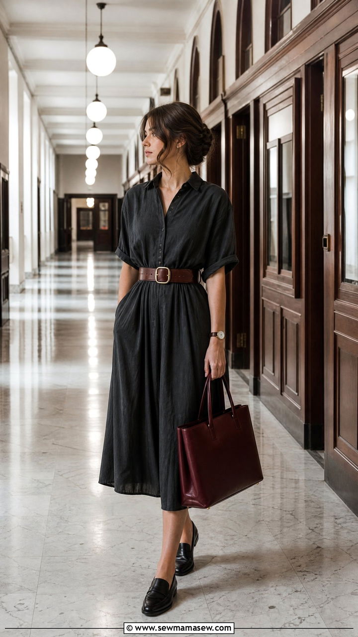 Dark Midi Dress with Leather Belt and Loafers - 30 summer dark academia outfits