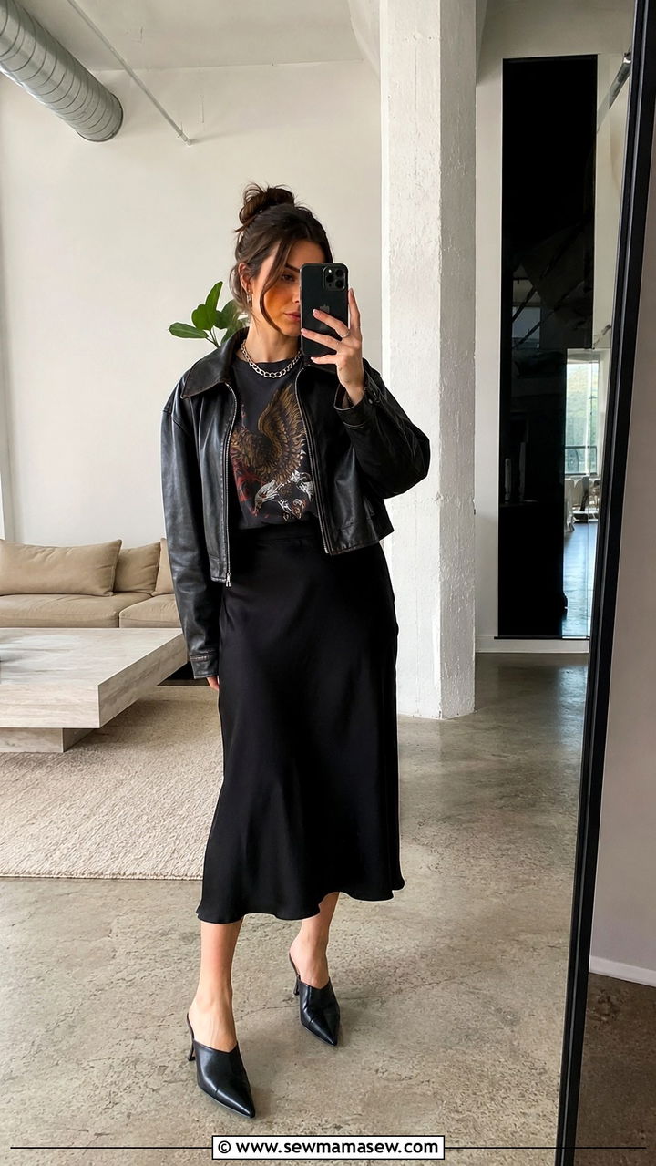 Dark Midi Skirt With A TuckedIn Graphic Tee For Slim Thighs - 25 Outfit ideas for slim thighs