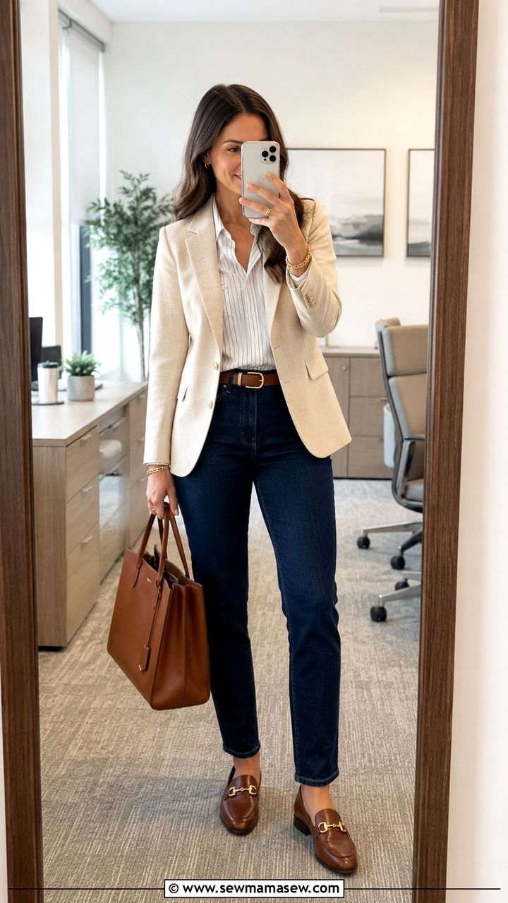 Dark Navy Jeans With Cream Blazer Casual Friday Bank Look - 20 Banker outfit ideas