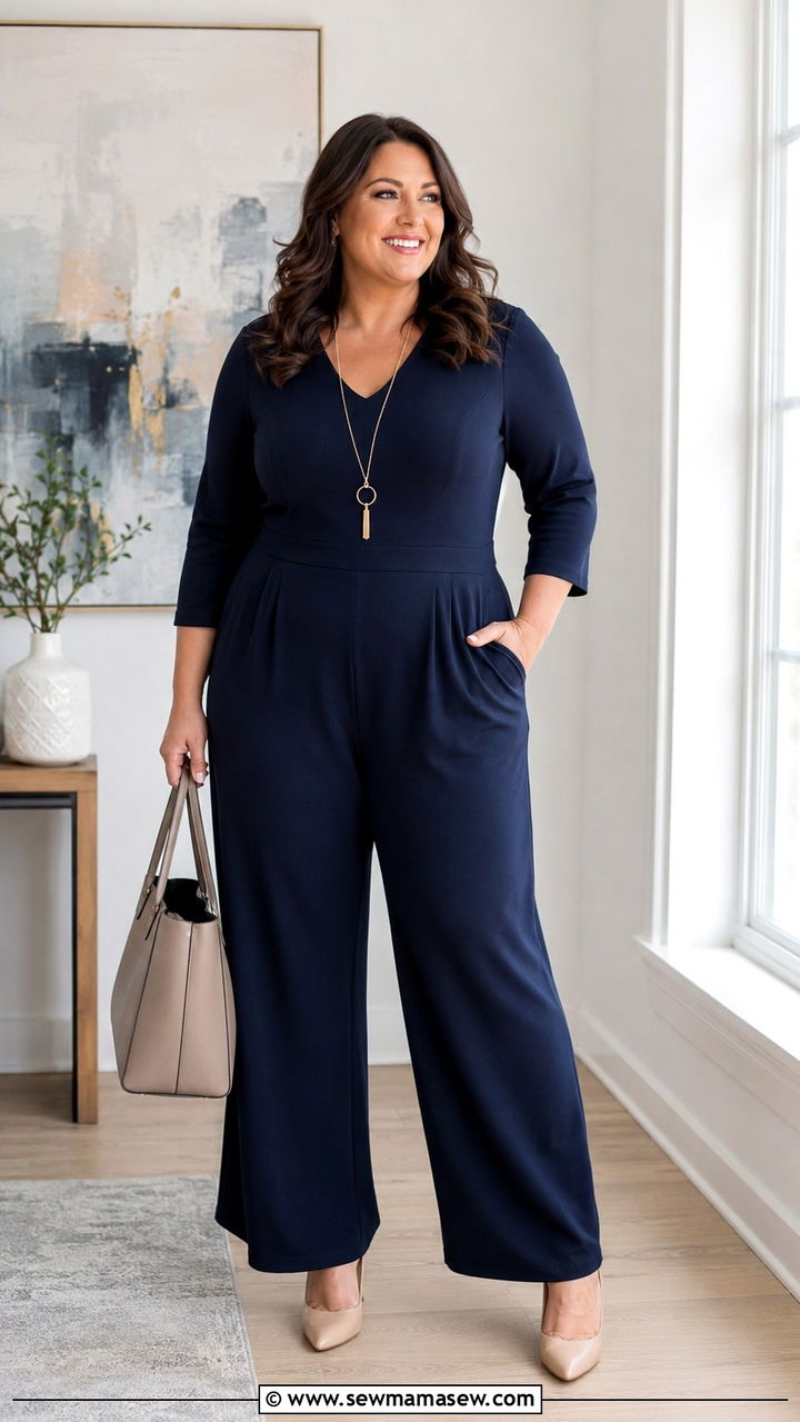 Dark Navy Jumpsuit With Nude Shapewear Base - 30 Jumpsuit outfit ideas for women over 40