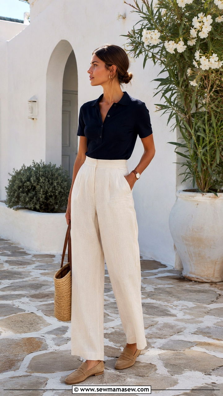 Dark Navy Polo and Cream Linen Trousers with Suede Loafers - 30 old money capsule wardrobe outfits