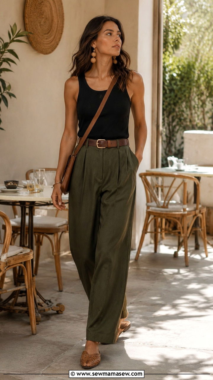 Dark Olive Wide Leg Pants Mysterious Summer Outfit - 30 Mysterious summer outfit ideas