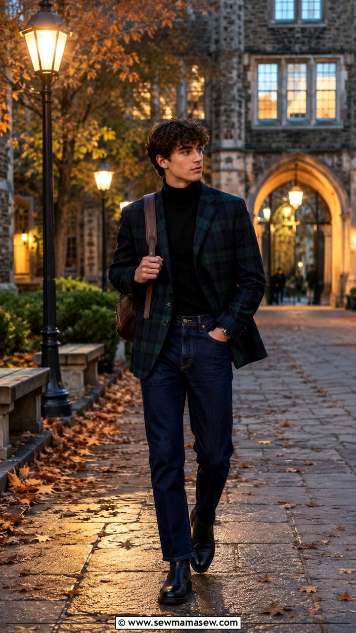 Dark Plaid Blazer With Black Turtleneck And Straight Leg Jeans - 30 classy college outfits