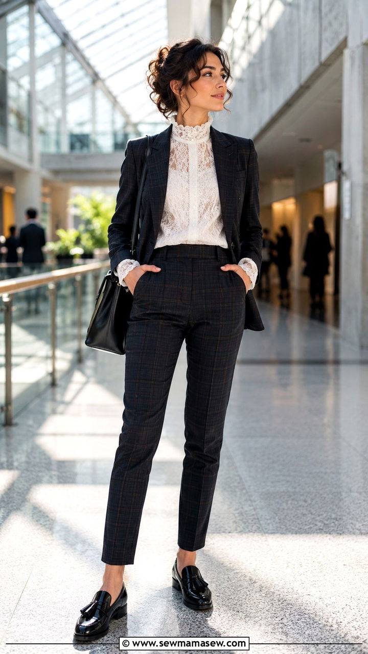 Dark Plaid Pantsuit With a Lace Collar Blouse - 20 dark academia outfits to copy