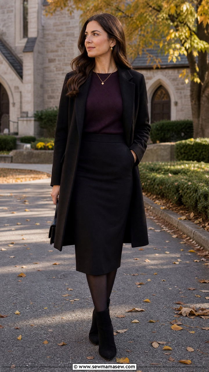 Dark Plum Sweater and Midi Skirt - 30 Memorial service outfit ideas
