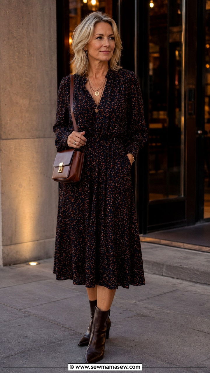 Dark Printed Midi Dress with Long Sleeves - 30 Boho outfit ideas for women over 50