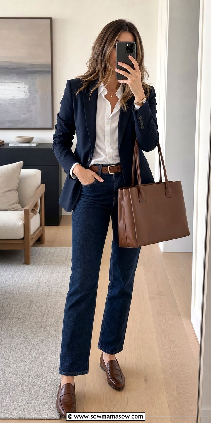 Dark Rinse Jeans And Navy Blazer For Deposition - 25 Deposition outfit ideas